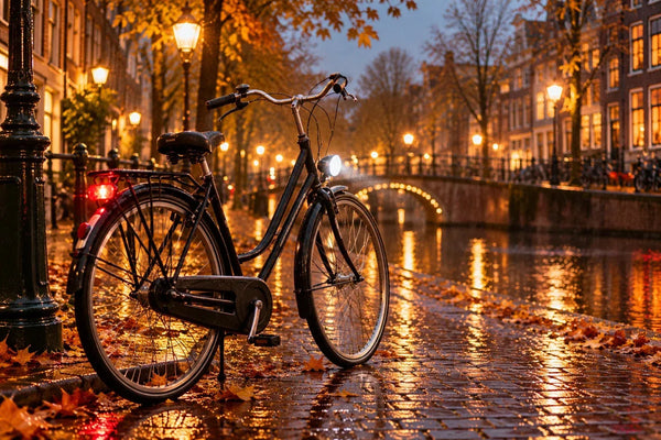 Stadsfiets met brandende voor- en achterverlichting op een natte straat in de avond.