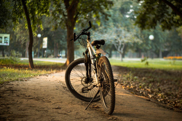 Tweedehands mountainbike geparkeerd op bospad